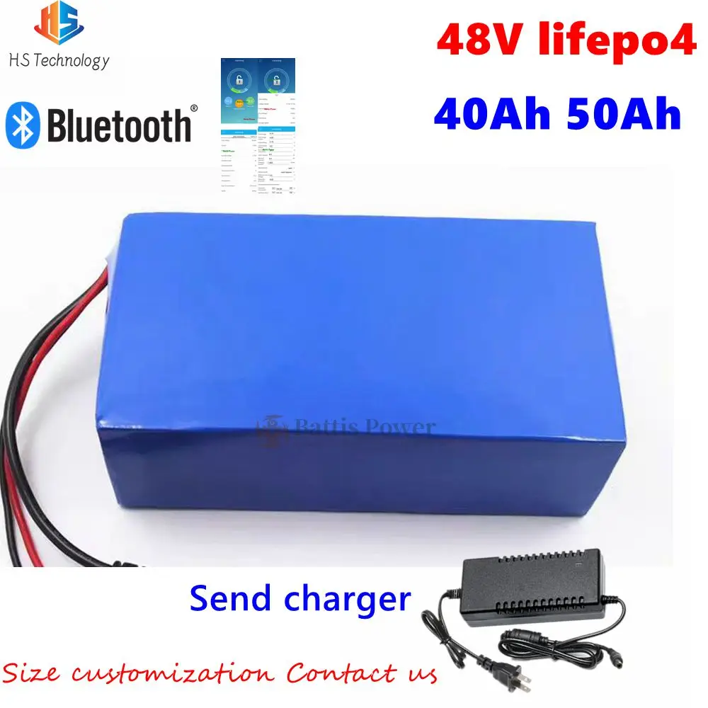 HS 48V 50Ah Lifepo4 48v 40AH lithium battery Bluetooth BMS APP 16S for 2000w Scooter bike tricycle boat go cart +5A charger