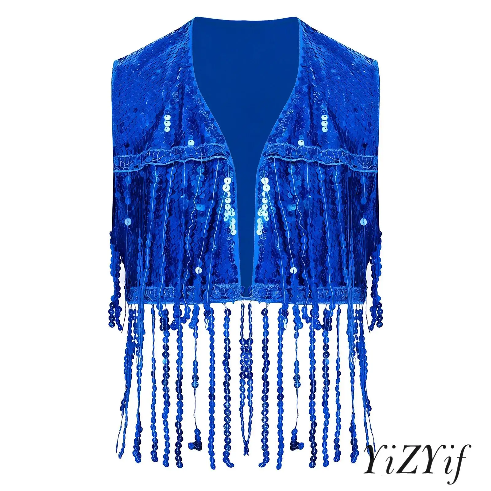 

Kids Girls Jazz Latin Dance Outfit Sequin Tassel Vest Open Front Fringed Crop Top Waistcoat Streetwear for Cha-Cha Disco Dance