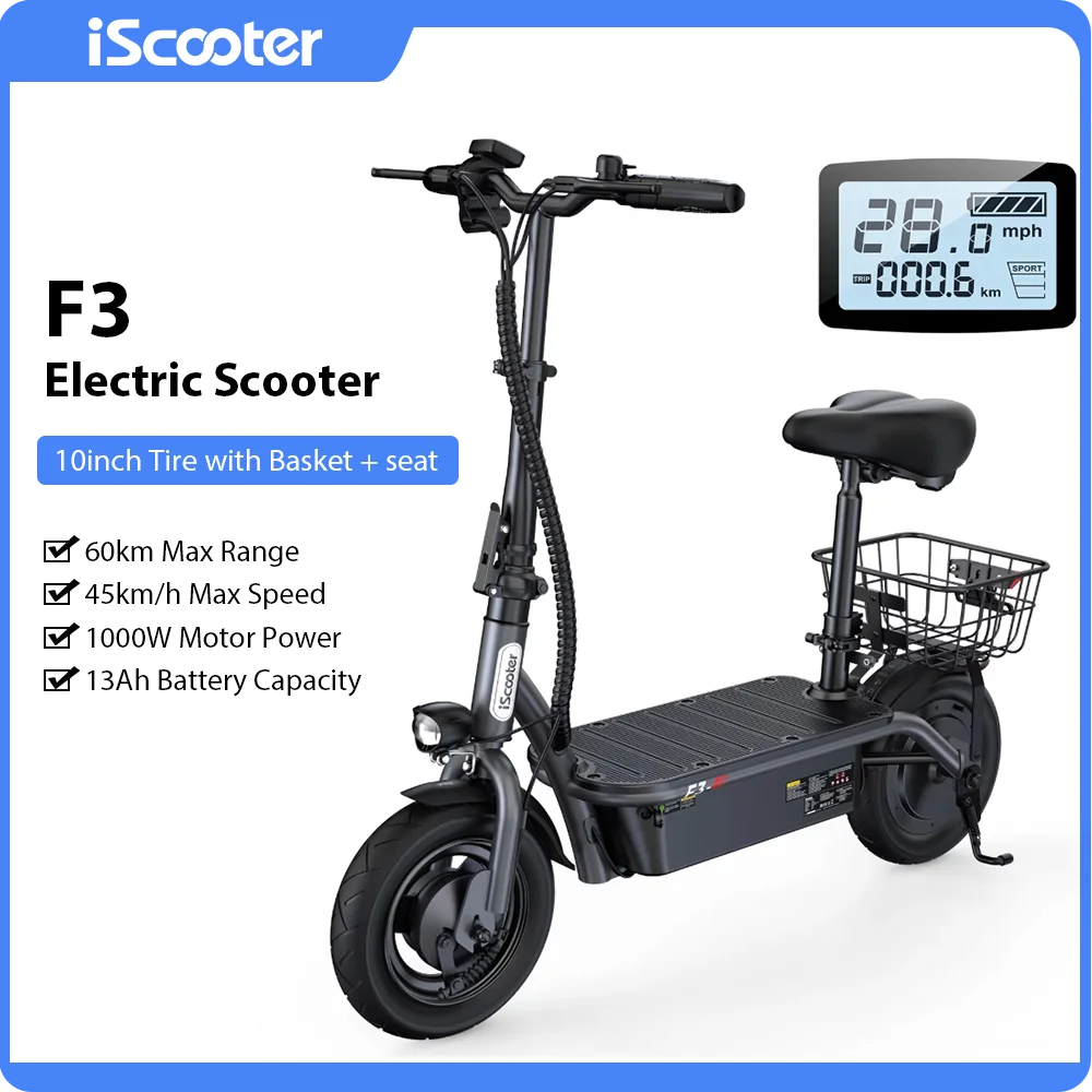 iScooter F3 48V 13AH Elektrische Scooter met Hoge Vermogen, 25 km/u Snelheid, 10 Inch Banden, Zadel en Mandje voor Volwassenen