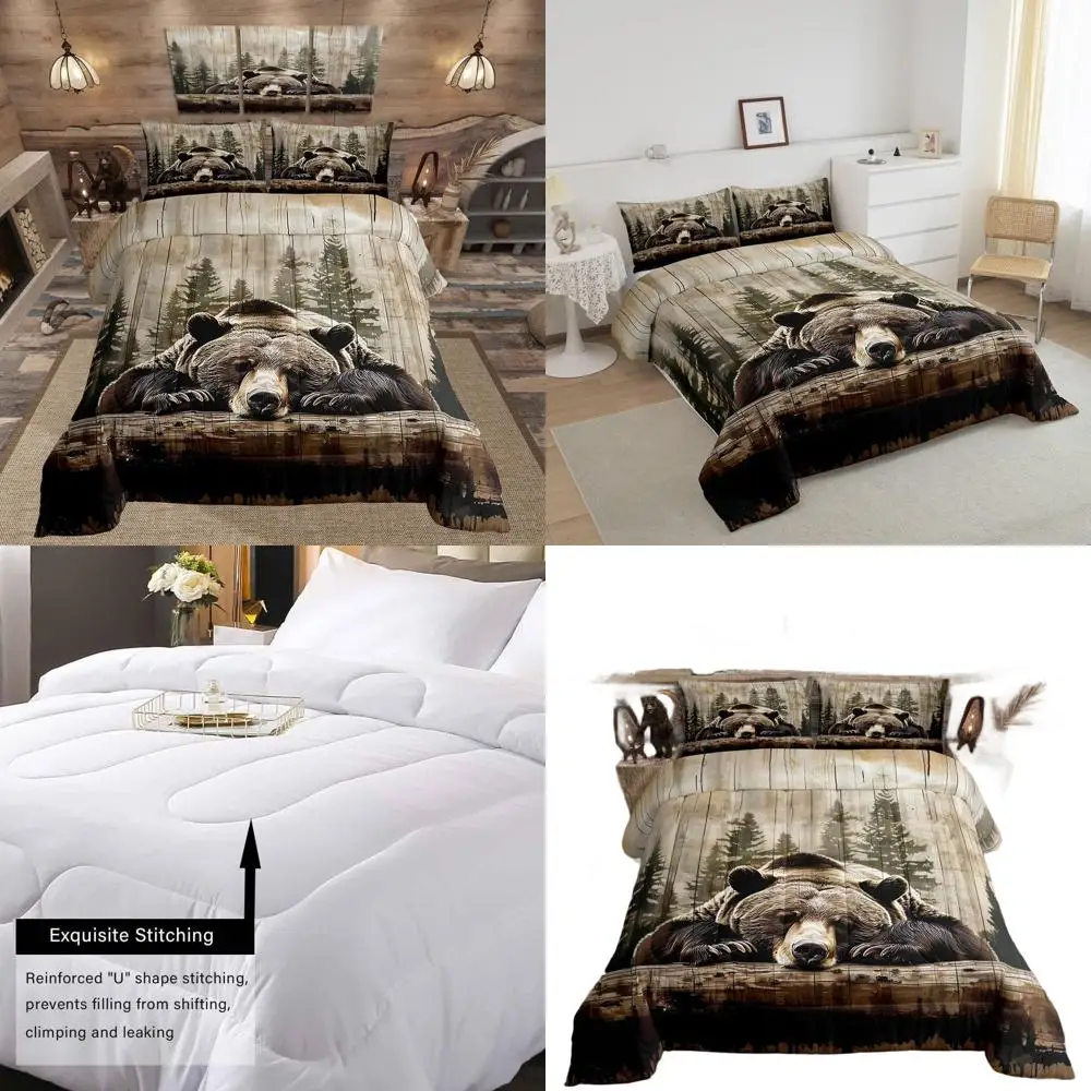 

Комплект одеял King Size с медведем гризли и 2 наволочками, тематическое постельное белье для охоты на дикую природу для комнат в стиле кабины, пуховик в деревенском фермерском доме