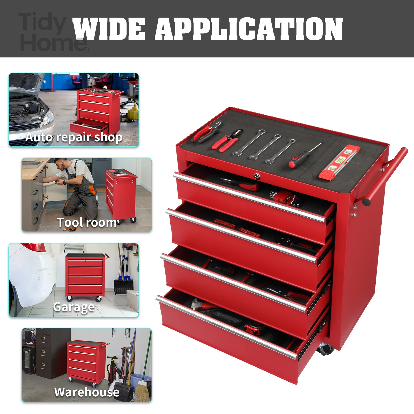 

Steel maintenance tool cart single base cabinet 4 drawers 330lb red tool box with wheels tool boxes storage with wheels