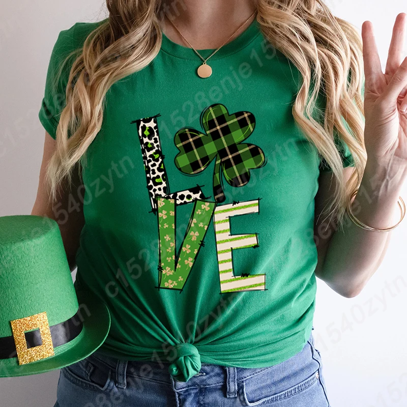 St Patrick's Day Love Clover Print T-shirt For Women Summer Fashion Casual Tee Shirt Short Sleeve Creative Personalized Tees Top