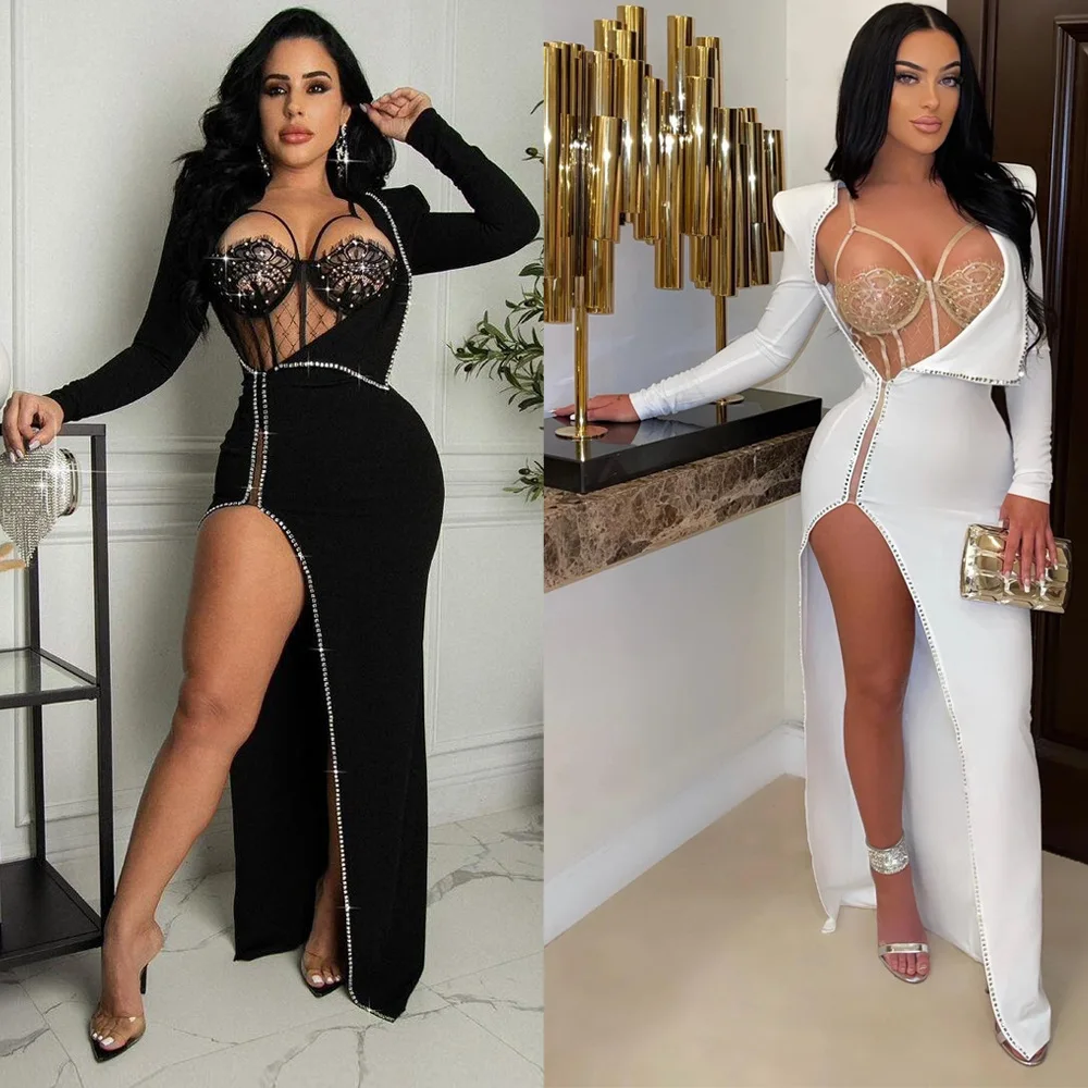 

AliExpress, Amazon 2022 Autumn And Winter New Hot Diamonds, Lace, Long Sleeves, Two-piece Set And Two Colors, Nightclub Clothes