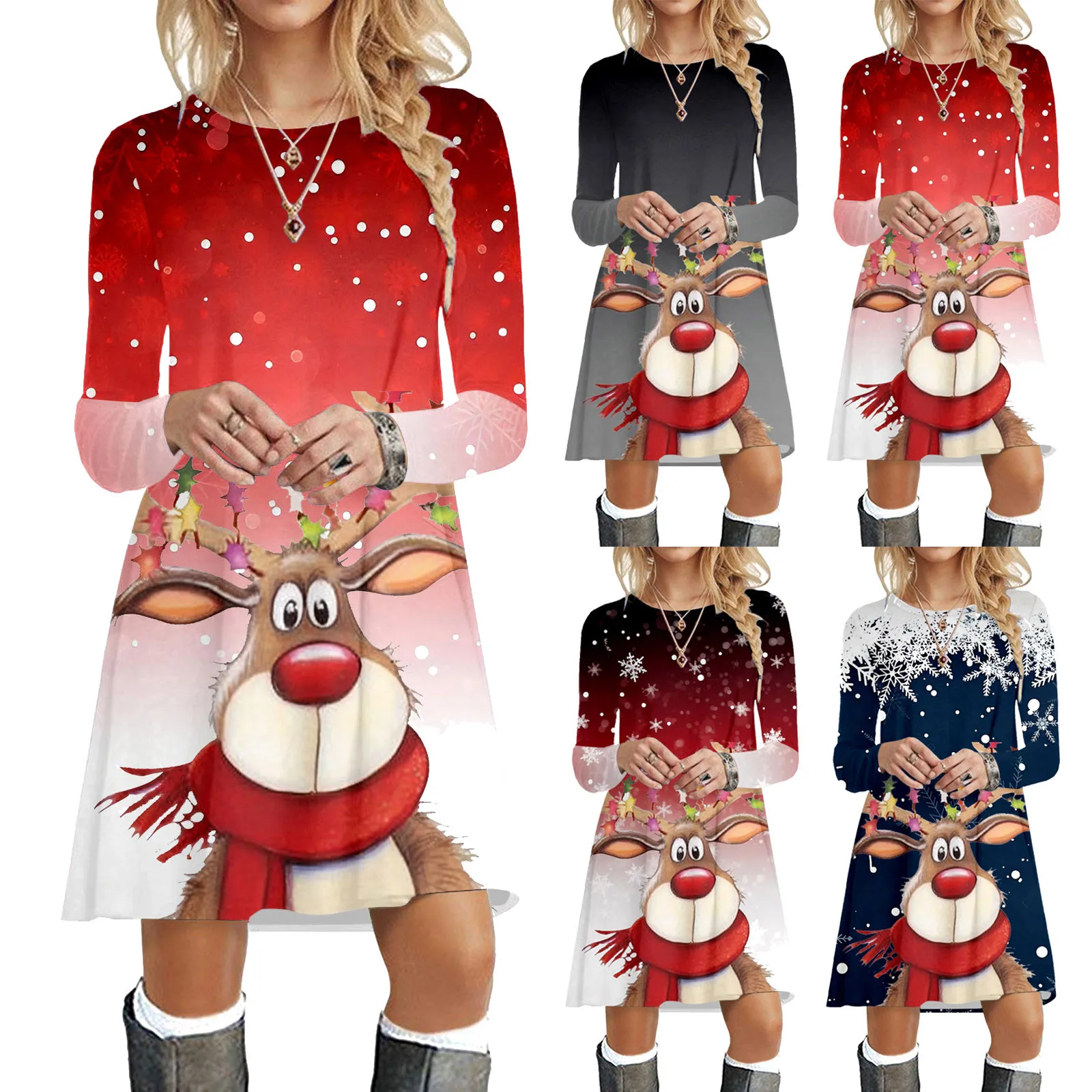 

Christmas Party Dresses For Women 2023 Autumn Winter Casual Xmas Elk Snowman Print Mini Dress New year 2024 Woman Dress Gift