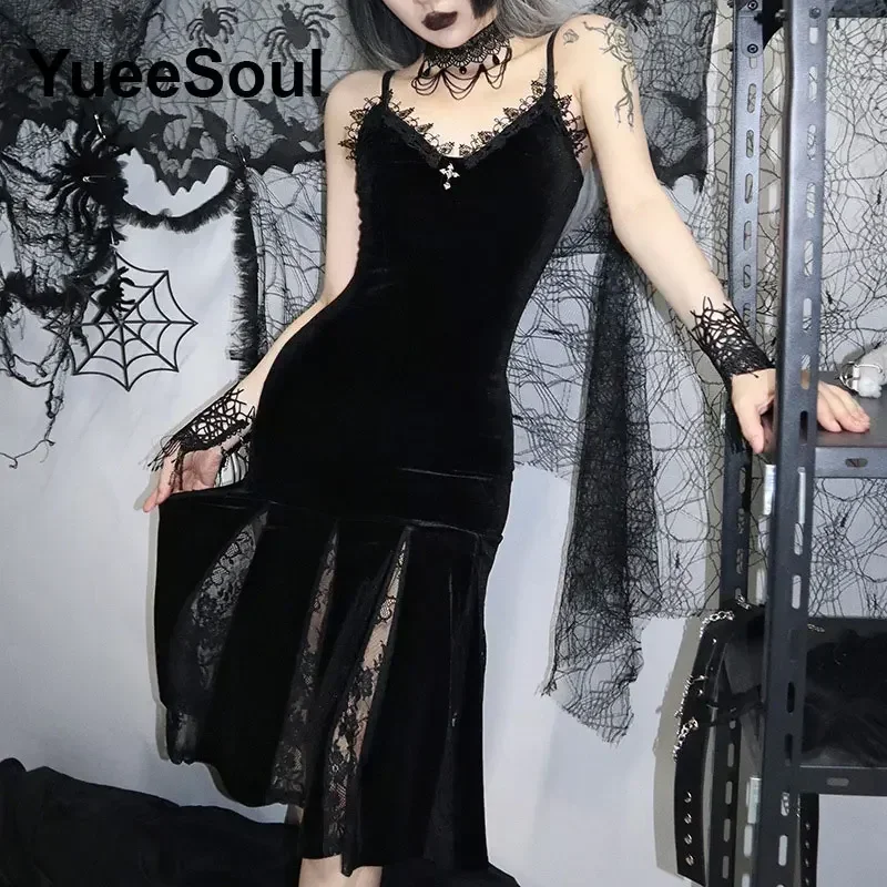 Gothic Women Dress Sleeveless Lace Black Bodycon Mini Dresses 2024 Y2K Grunge Punk Harajuku Lolita Fairy Core Halloween Clothes