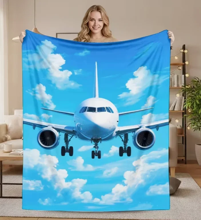 Beautiful Airplane Landing Scene Throw Blanket for Living Room Decor Sky Blue Cloud Airplane Art  150x200cm