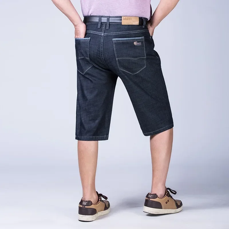 Shorts jeans masculino na altura do joelho verão fino 180kg plus size 50 52 54 56 elástico masculino jeans homem solto meia calças cortadas