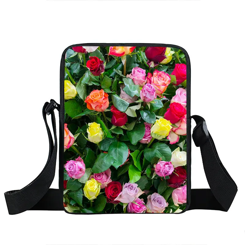 Rose Flower Pattern Print Crossbody Bag Blue Rose Messenger Bags Shoulder Bag School Handbag Book Bag Phone Key Earphones Bag