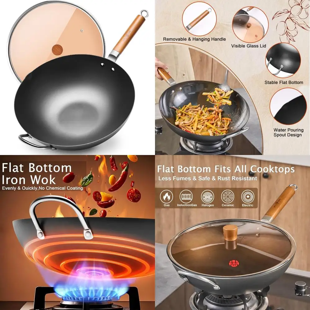 

14.2 Inch Traditional Uncoated Iron Wok for Stir-Frying - Ideal for Chinese Cooking on Induction Stoves
