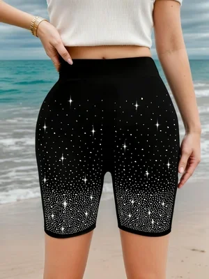 Damen-Shorts mit glitzernden Strass-Applikationen, gestrickt, hochelastisch, atmungsaktiv, für den Sommer, Freizeithose, modisch, für den Alltag – Detail 3