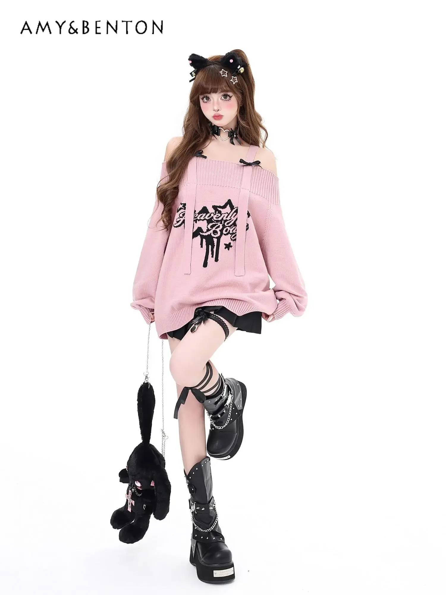 Sweet Bow Sexy Off Shoulder Sweater Women Autumn Winter New Hot Girl Y2K Oversized Sweater Harajuku Subculture Causal Pullover