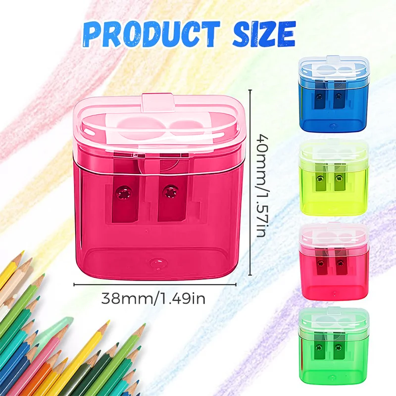 12 مجموعة من مبراة أقلام الرصاص ذات الفتحات المزدوجة مع غطاء، ومبراة ملونة مدمجة للأطفال