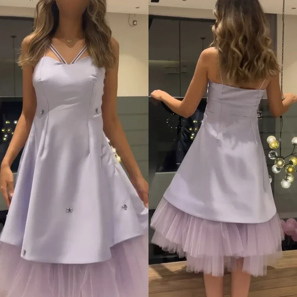 

Элегантное вечернее платье трапециевидной формы длиной до колена высокого качества на тонких бретельках по индивидуальному заказу, вечернее платье со стразами, атласное платье