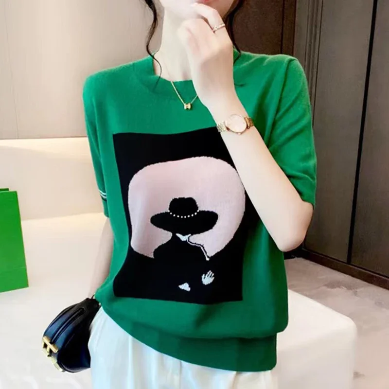 

Pop Knitted Tops Women Short Sleeve T Shirt Thin Ice Silk O Neck Tshirts Female Summer Casual Loose Woman Clothes Tees Shirt