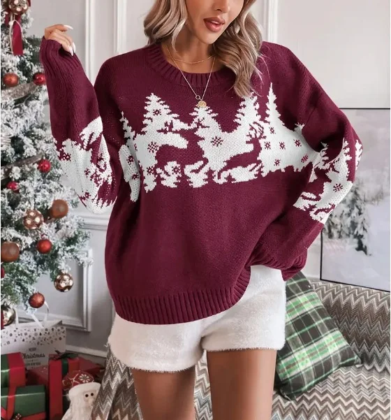 سترة فير آيل متماسكة 2025، نمط ندفة الثلج الرنة باللون الأحمر والأبيض، بلوفر برقبة دائرية لعيد الميلاد، بلوزة احتفالية للشتاء #6