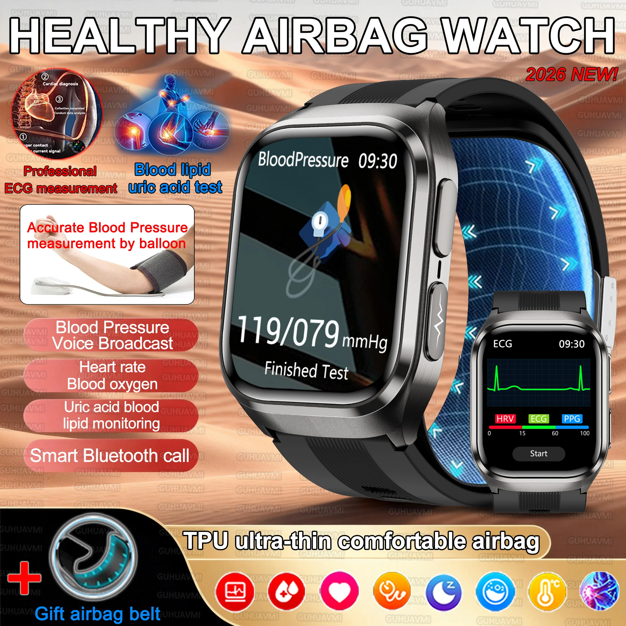 

Смарт-часы 2026 Health Smart Watch с NFC, ЭКГ, измерением давления и уровня кислорода в крови, функцией звонков, NFC, водонепроницаемые, для мужчин и женщин, с технологией Airbag