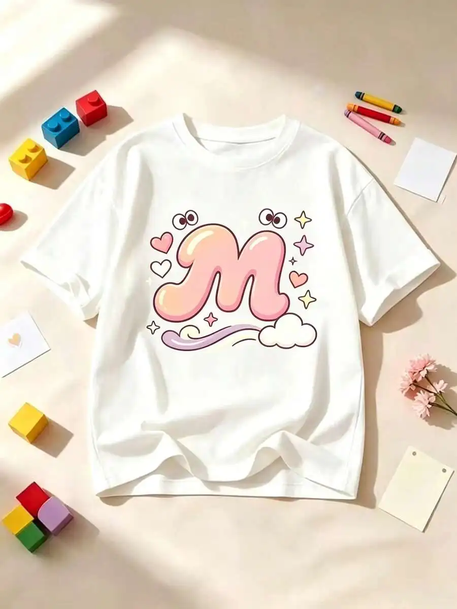 Girls Cute Cartoon Letter M Graphic T Shirt Crewneck Short Sleeve Casual Top Spring Summer Aesthetic Daily Wear Top