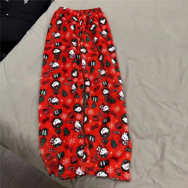 2024 Sanrio Hello Kitty Pajamas Christmas Flannel Fashion Trouserswomen Kawaii Woolen Anime Cartoon Casual Home Pants Autumn