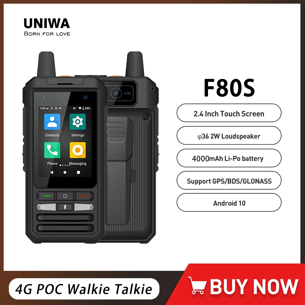 UNIWA F80S POC 워키 토키 장거리 4G 견고한 전화 1GB 8GB 2.4 인치 스마트 폰 안드로이드 10 4000mAh 쿼드 코어 1.4GHz SOS