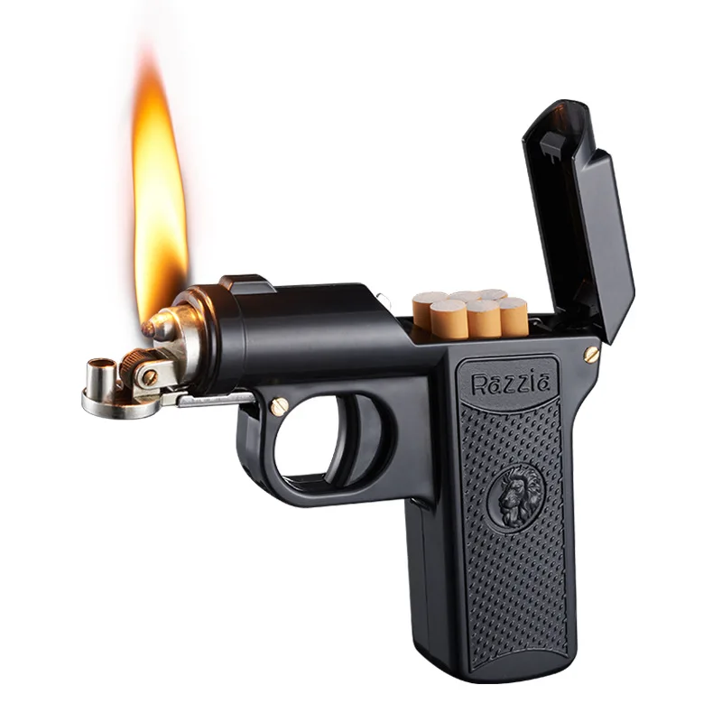 Windproof Kerosene Gun Lighter Pistol-shaped Cigarette Box Case Dual-purpose Lighters Hold 6 PCS Cigarette Gifts for Men