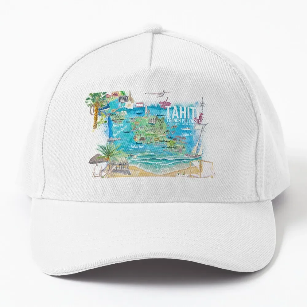 

Tahiti Illustrated Travel Map with Roads and Highlights Baseball Cap Luxury Brand Anime Hood Fashion Beach Hats For Men Women'S