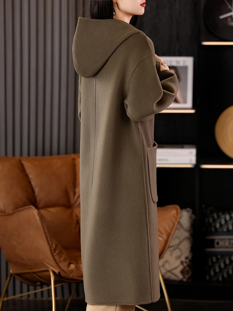 High Quality Pure Wool Coat Women Hoodie Autumn Winter Thick Warm 100% Wool Long Outerwear Trendy Styli Woolen Sweater Cardigan - Image 6