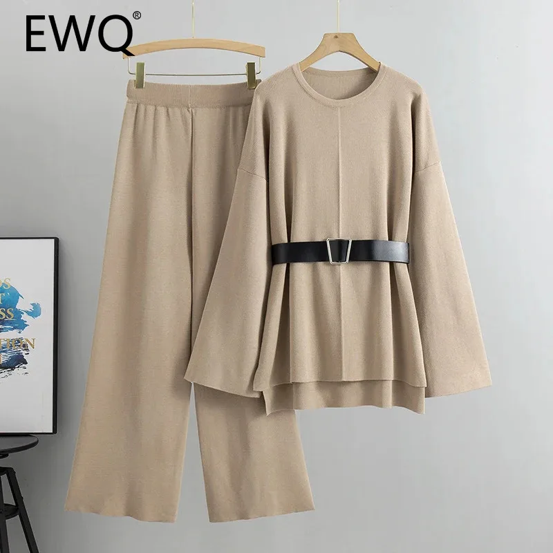 

EWQ Simplicity Knitted Belt Sweater 2 Piece Set For Women Casual Round Collar Long Sleeve Top High Waist Pant 2024 New 27X571