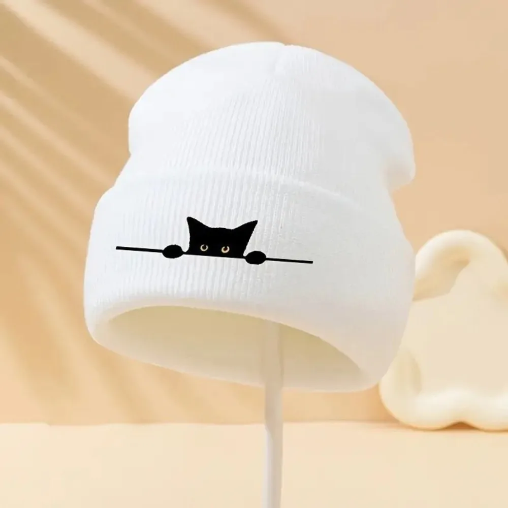 High Quality Solid Color Knitted Beanie Hat Cartoon Cat Printed Windproof Warm Hat Cold Proof Pullover Cap Outdoor