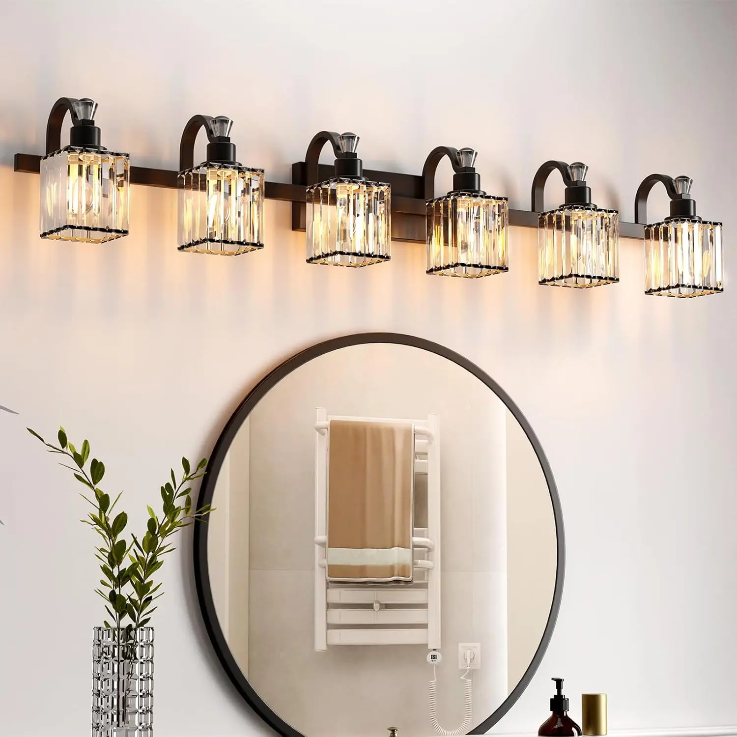 6 Lights Modern Crystal Wall Lighting with Square Shade Bathroom Vanity Light Crystal Vanity Light Fixtures Over Makeup Mirror