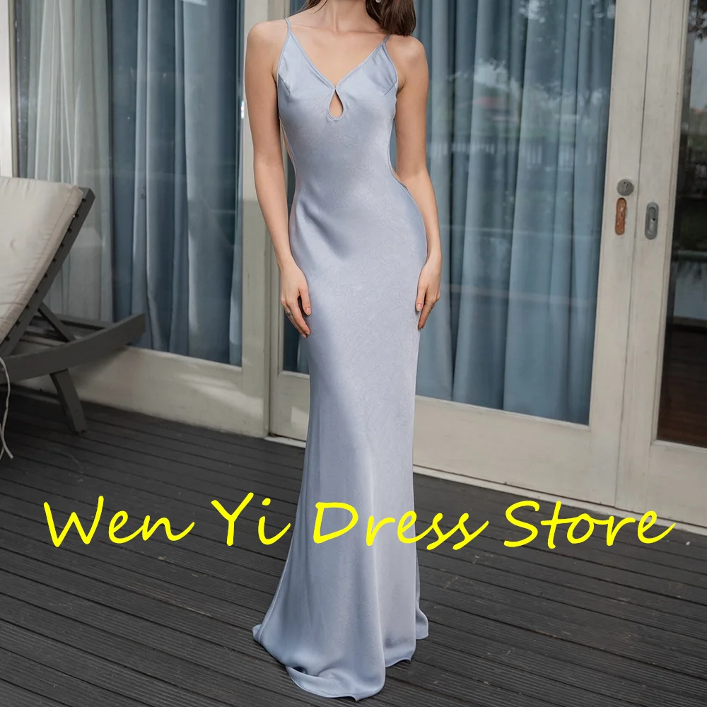 V Neck Spaghetti Straps Sleeveless Sheath Floor Length Satin Lace Up Back Solid Color Elegant Evening Dresses Woman Custom Size