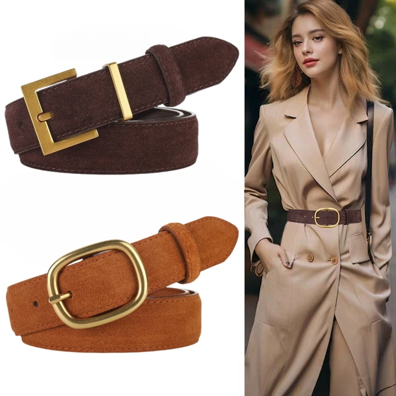 

Women’s Vintage Snowflake Suede Leather Belt, Gold Buckle, Genuine Cowhide Waist Belt for Jeans & Dresses