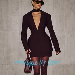 Elegant Sexy Women's Burgundy Suit Single Breasted Notch Lapel Blazer and Mini Skirt Set Chic Business Casual Outerwears