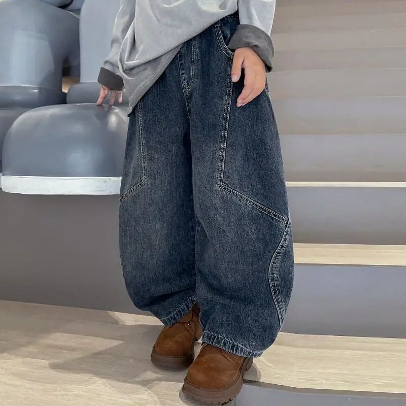 Boys Loose Wide Leg Jeans Retro Patchwork Washed Denim Pants Trendy Streetwear Casual Trousers Kids Fashion Bottoms