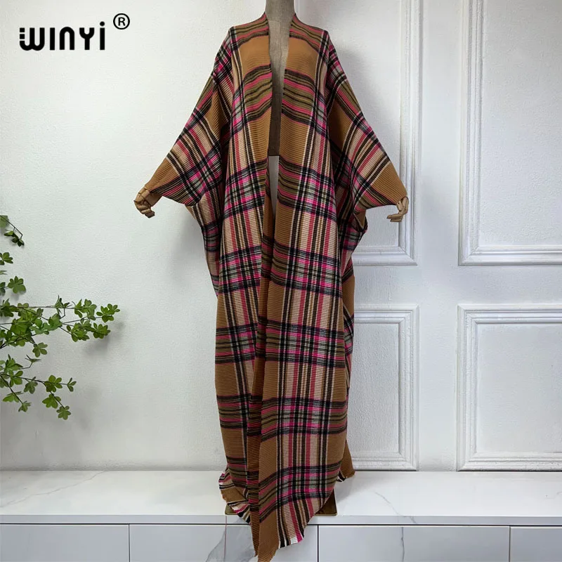 WINYI nowa sukienka kimono maxi caftan dla kobiet kardigan nadruk w szkocką kratę przyjęcie sukienka z peleryną świąteczne kimono moda abaya długi