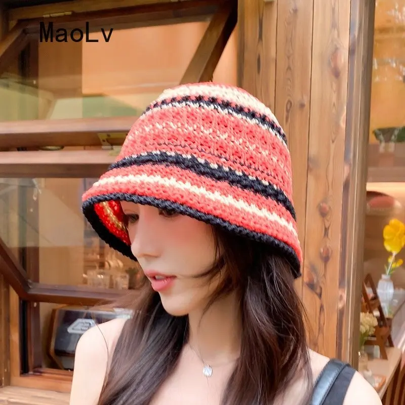 Ladies Rainbow Striped Hand Crochet Bucket Hat Straw Hand Summer UV Protection Beach Foldable Sun Hat Fashion Bucket Beach Hat