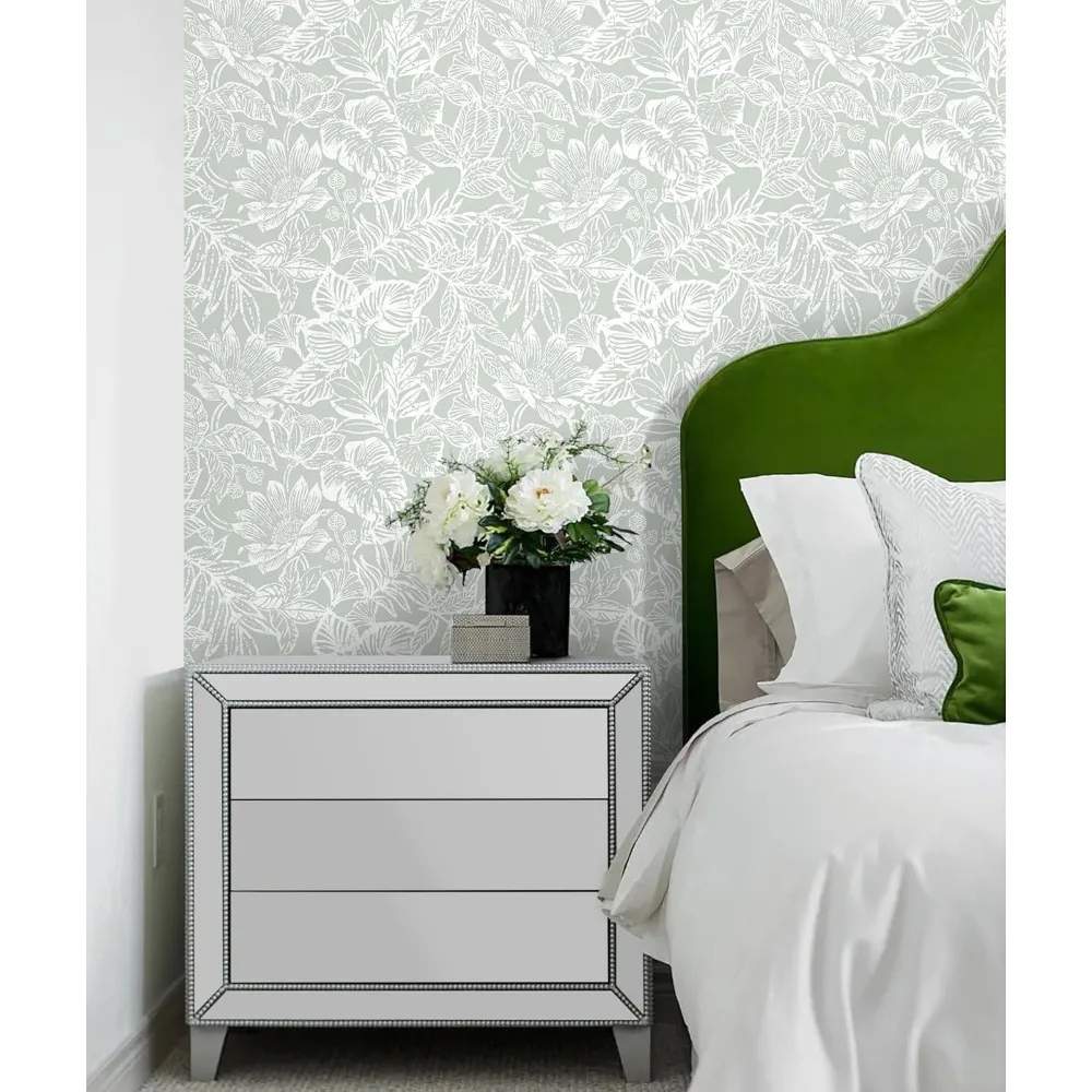 ورق جدران أخضر قابل للتقشير واللصق 17.3 × 590 لغرفة نوم الحمام - تصميم زهور بيضاء حديثة، شركة ديكور ذاتية اللصق قابلة للإزالة #5
