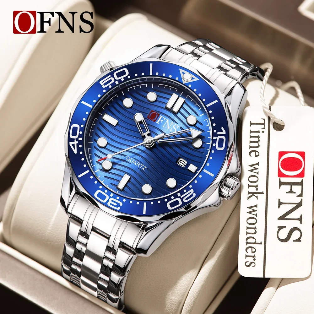 OFNS 7102 Business Men's Steel Strap Watch Waterproof Strap Calendar Night Light Men's Watch Rotating bezel Men's Quartz Watch