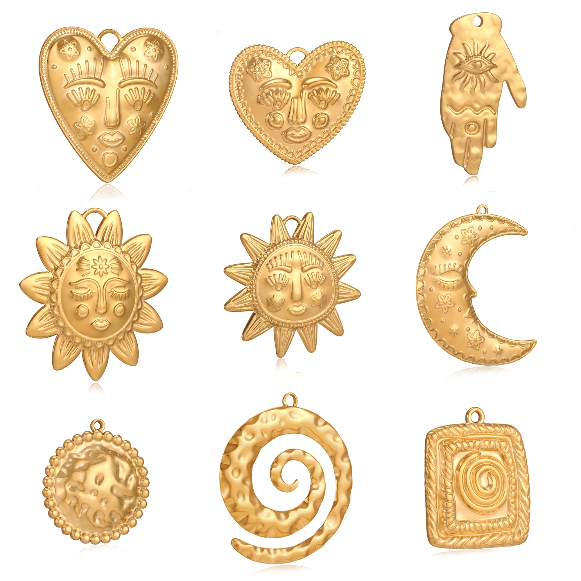 Breloques grand visage soleil/lune/coeur, 3 pièces, pendentifs en spirale Vortex tournesol, boucles d'oreilles en acier inoxydable, collier, fabrication de bijoux à faire soi-même