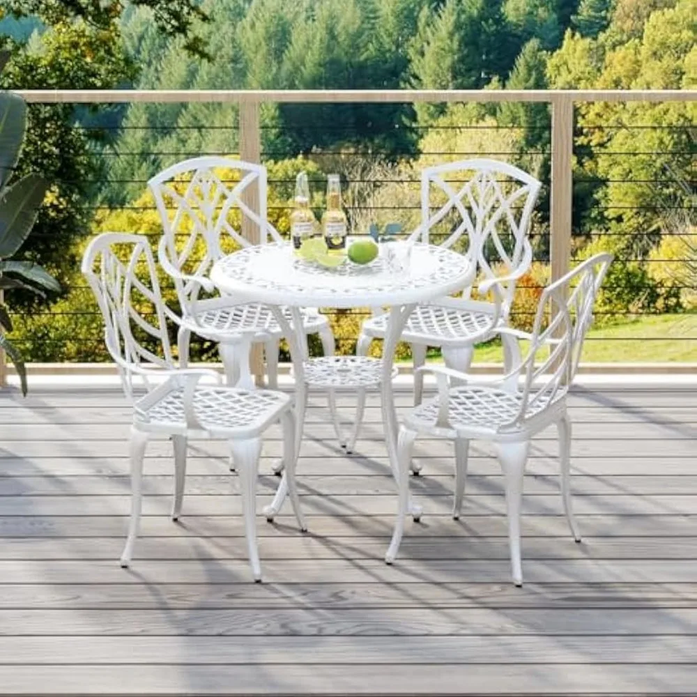 Round Cast Aluminum Outdoor Dining Set with 5 Pieces, Including Table and 4 Armchairs, Designed for All-Weather Use