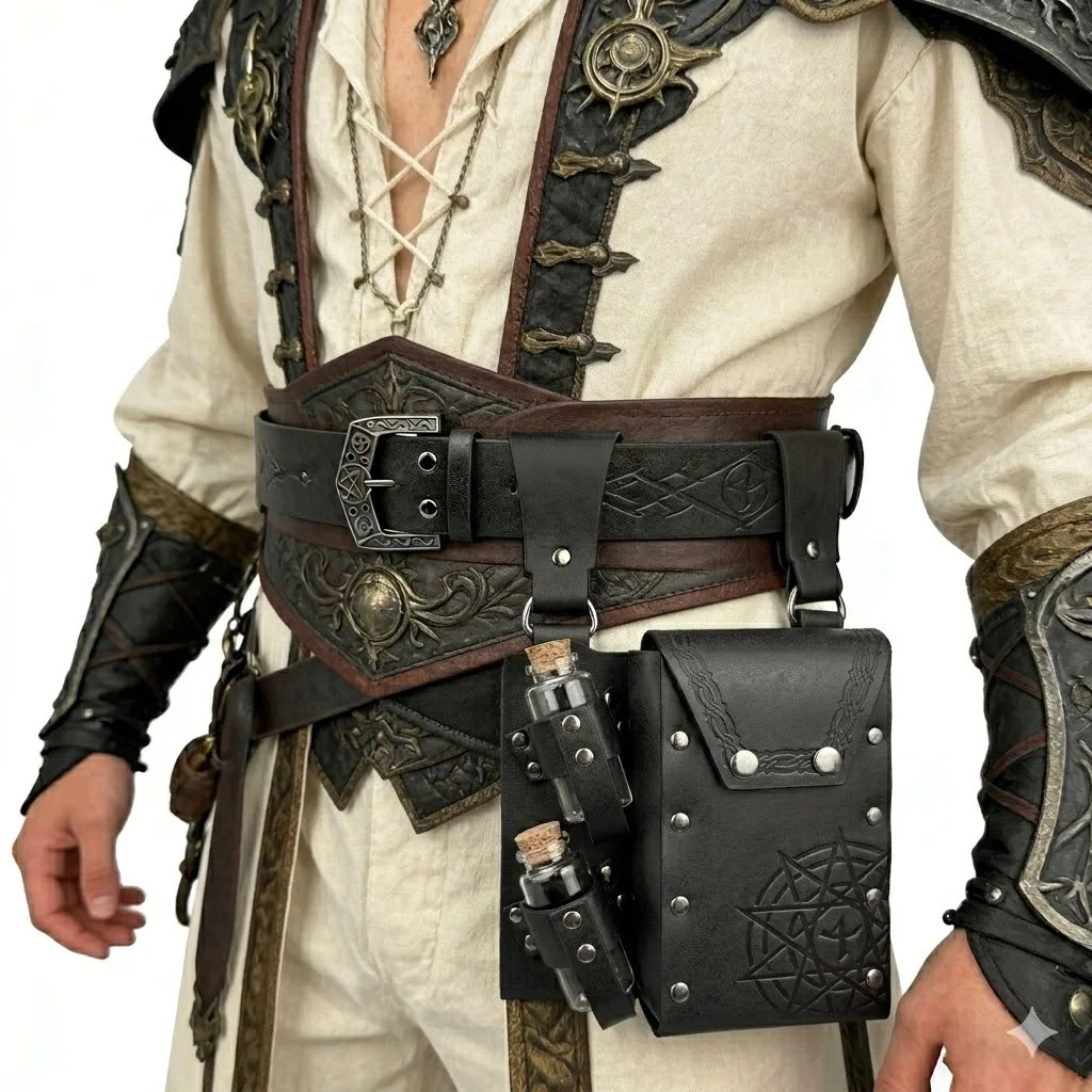 Medieval PU Leather Set Printed Belt Waist Pouch with 2 Potion Bottles Wizard Alchemist Cosplay Props