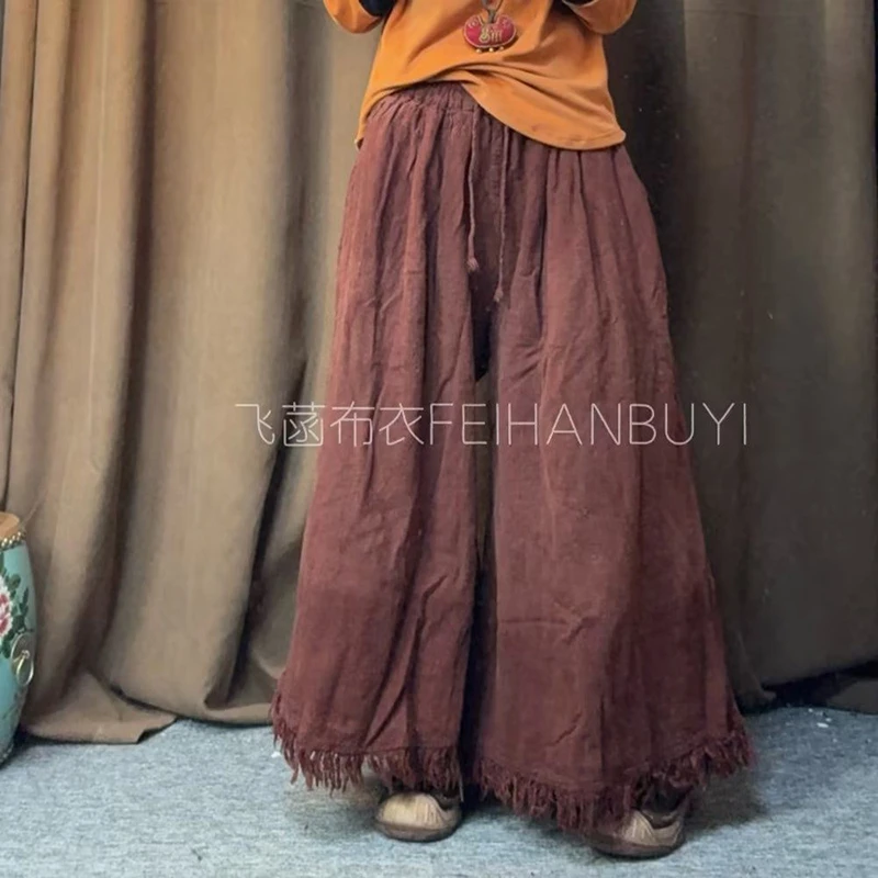 

100% Linen Women Casual Pants New Arrival 2026 Spring Vintage Style Tie Dye Loose Female Ankle-length Wide Leg Pants M2258