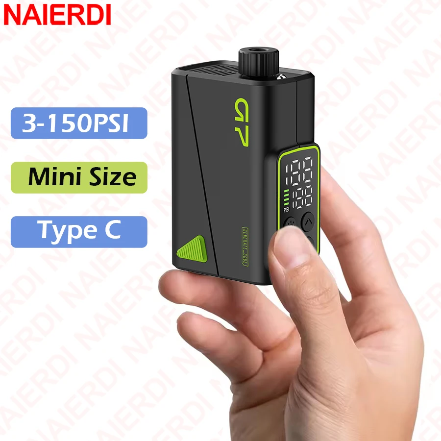 NAIERDI Electric Mini Portable Pump for Bike Cordless Tire Inflator 150PSI Max Air Inflator with LED Screen Fast Charging