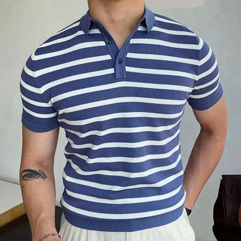 

Men's New Fashion 2025 Summer Slim Striped Business T-shirts Casual Trendy Turn-dwon Collar Short Sleeve Blue T-shirts Male Tops