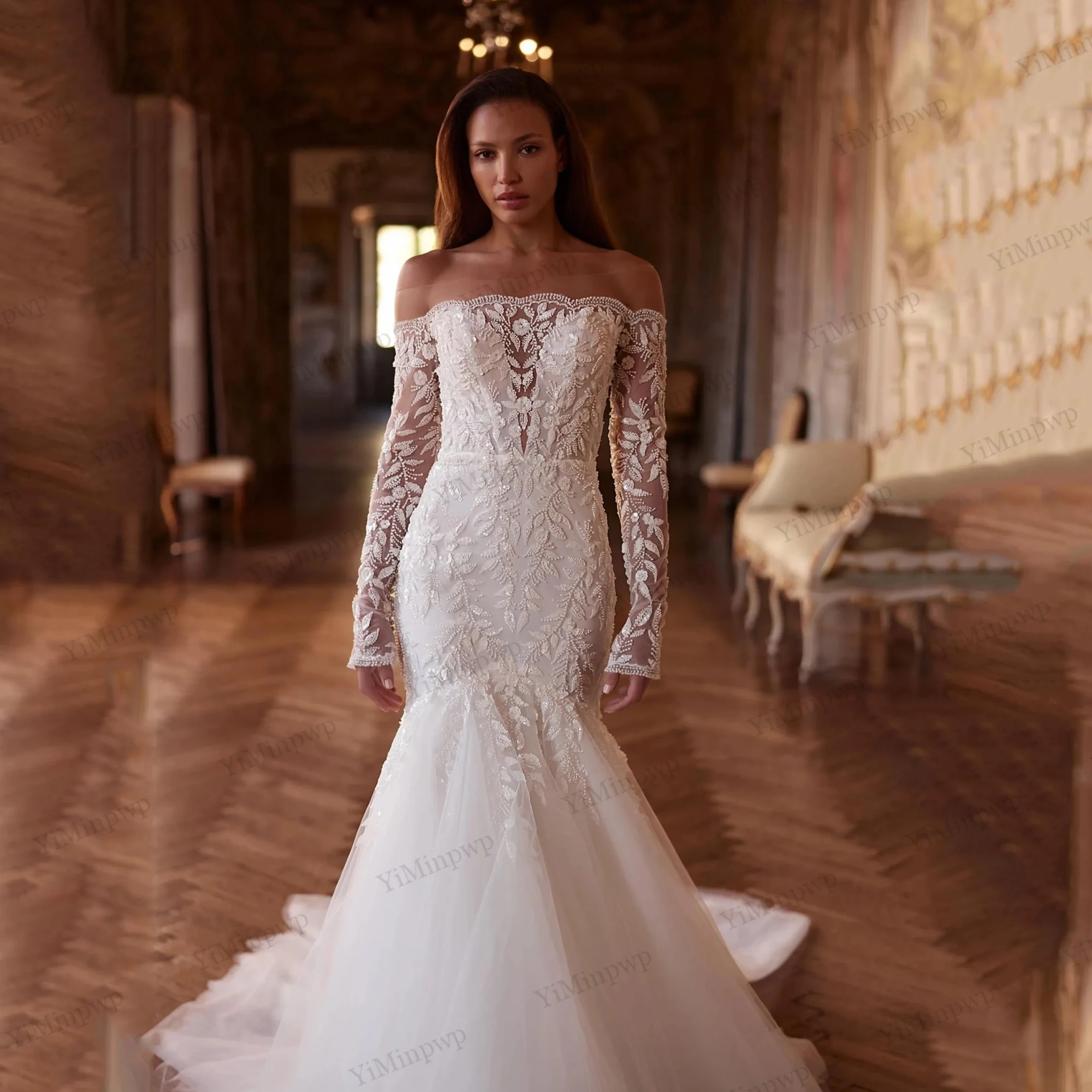 Роскошные свадебные платья с открытыми плечами, аппликация из бисера, платья невесты-русалки для женщин, платья с длинными рукавами, Vestidos de Novia 2026, по индивидуальному заказу