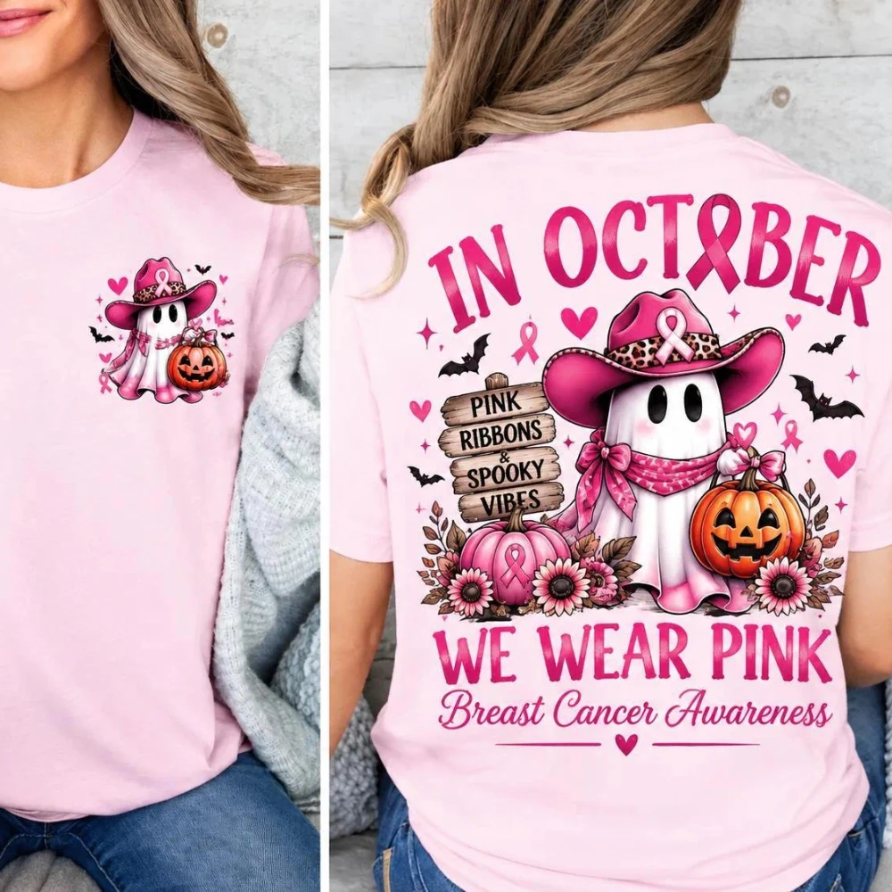 In October, we wore pink T-shirts, ghost-themed Halloween pink ribbons, and pumpkin-themed Halloween gifts.