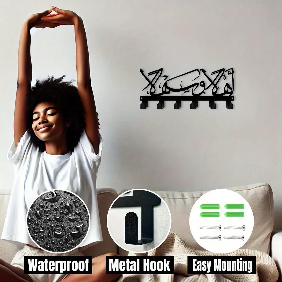CIFBUY 1pc Islamic Metal Key Holder Wall Decor Boho Wave Design Multi Hooks for Keys Mail Hats Clothes Durable Metal Decor