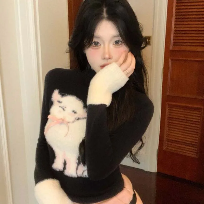 

Милый черный свитер с высоким воротником, осенне-зимний женский милый корейский кавайный трикотаж, винтажные трикотажные изделия, пуловеры, топы, мягкие уютные