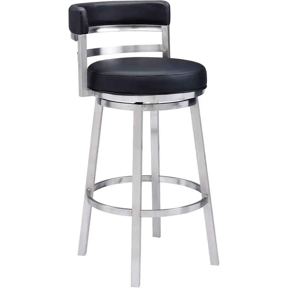 

30 Seat Height Swivel Modern Black Faux Leather and Brushed Stainless Steel Bar Stool for Kitchen Island Counter