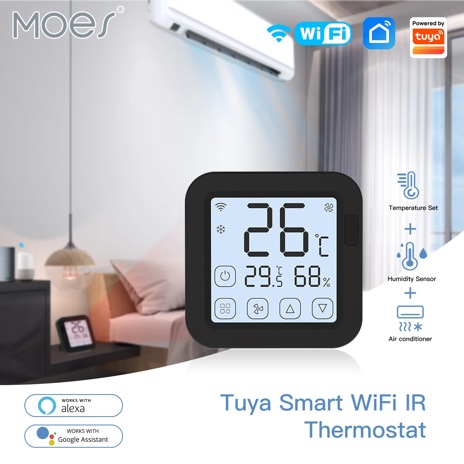 Moes-Tuya WiFi Controlador Termostato IR, Tela LCD, Botão Touch, Controle Remoto Sem Fio, Built-in Sensor de Temperatura e Umidade, Alexa