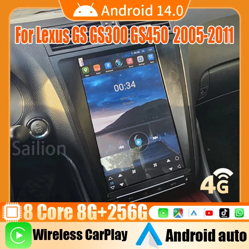 Android14 Car Radio For Lexus GS GS300 GS450 2005-2011 Tesla Automotive Multimedia Carplay Auto WIFI Bluetooth Stereo 4G 1Din